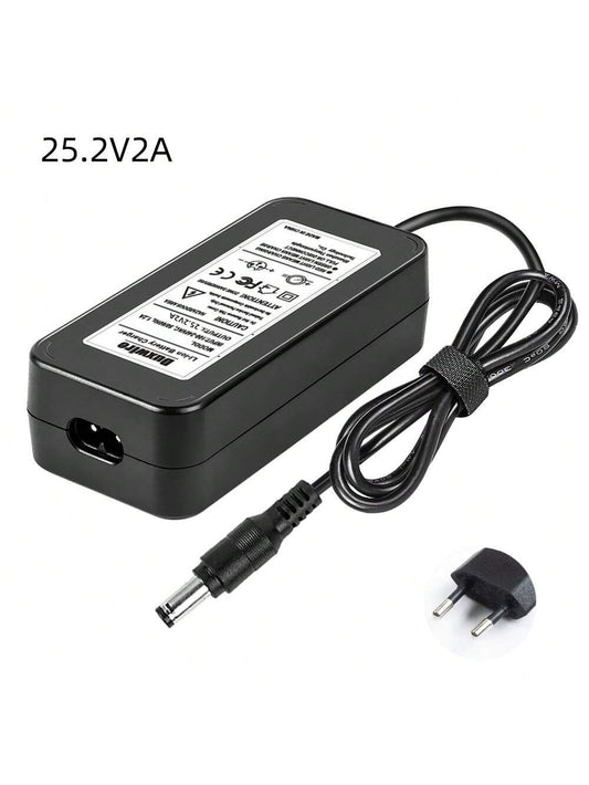 1pc 25.2v 2a Black Charger With European Standard Power Cord, Pc Material, Constant Voltage And Current Protection, Drop And Fire Resistant, Suitable For Percussion Massage Gun, Led Strip, Hover Board, Electric Toy, Projector, Etc. Dc Plug