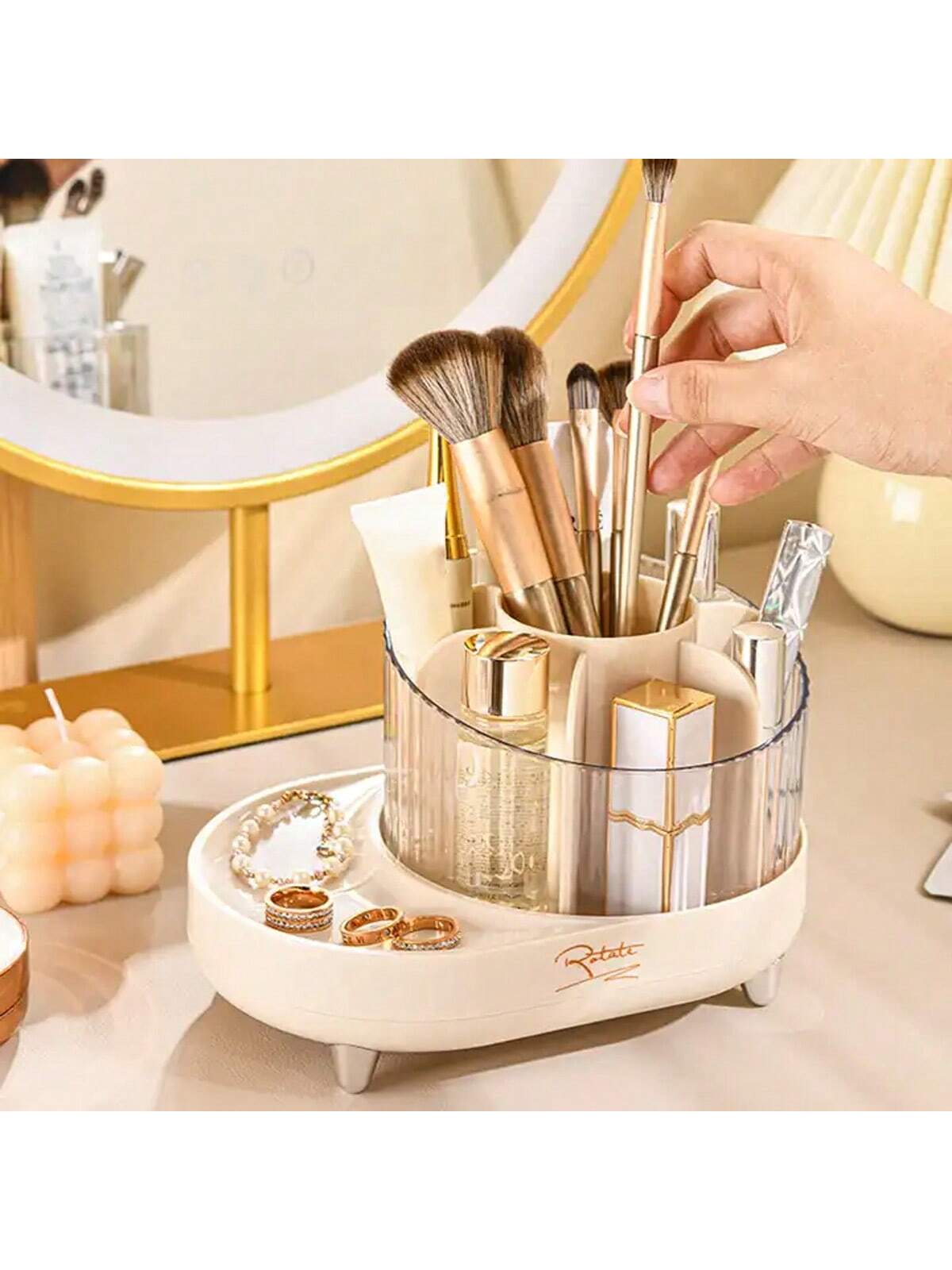 1pc Milk White Desktop Cosmetic Storage Box, With Multiple Compartments, Rotating Makeup Organizer For Brushes, Pencils, Combs, Skincare And More