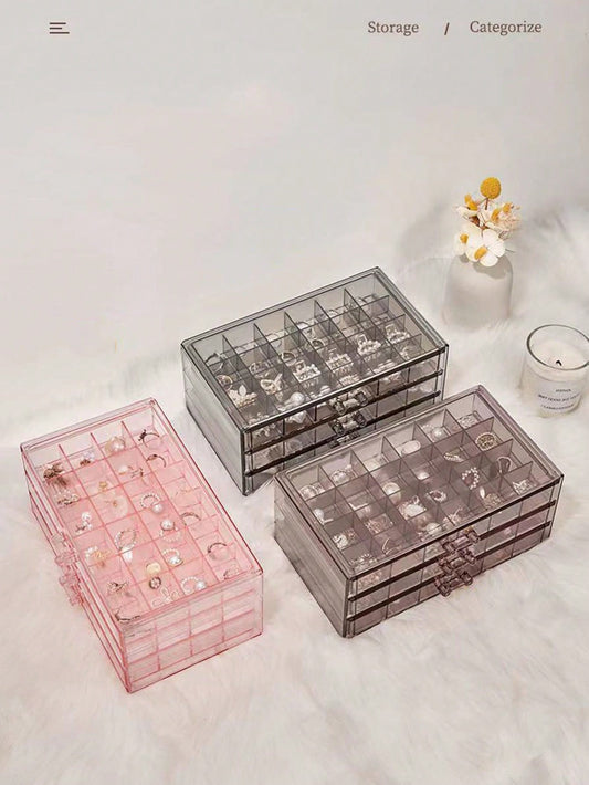 1pc Transparent Acrylic Dustproof Jewelry Storage Box With 3 Drawers And 72 Compartments For Rings, Necklaces, Earrings And Body Piercing Jewelry - Perfect Desktop Object Organizer - Pink, Transparent, Gray Available
