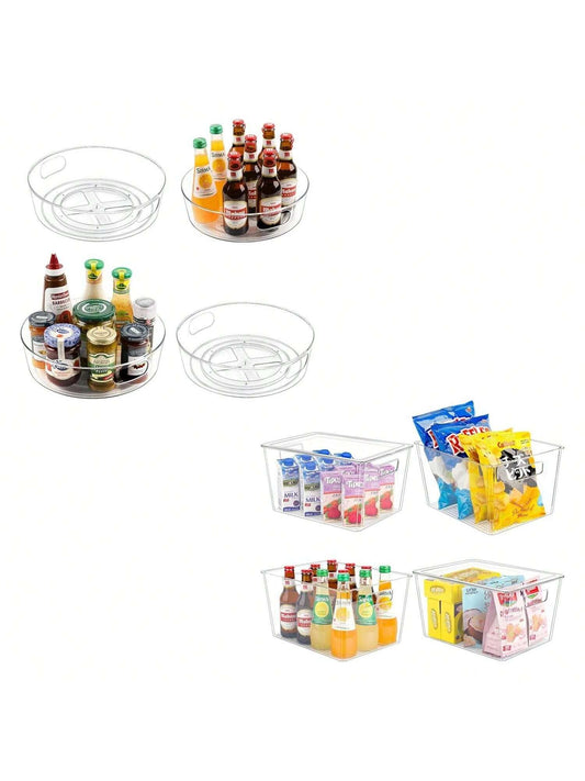 2 Set, 4 Pack Lazy Susan Turntable Organizers with Handles and Raised Edge+ 4 Pack Large Clear Storage Bins with Lids, Plastic Refrigerator Organizers for Kitchen, Pantry, Bathroom, Table