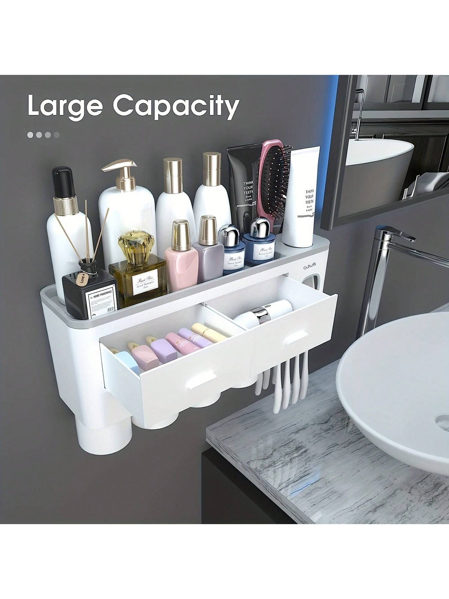 1pc Toothbrush Holder With Gargle Cup, AutomaticToothpaste Dispenser, Wall Mounted Toothbrush StorageRack, Bathroom Multifunctional Toothpaste ToothbrushContainer, Toothbrush Holder With Large Capacity TrayBathroom Accessories, Home Decor