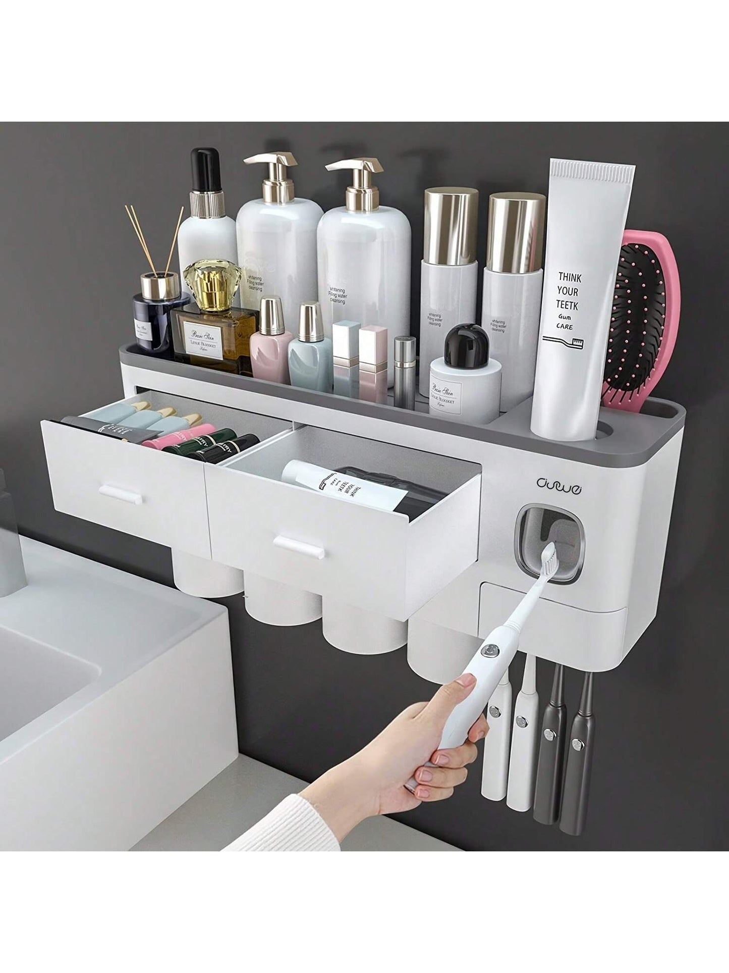 1pc Toothbrush Holder With Gargle Cup, AutomaticToothpaste Dispenser, Wall Mounted Toothbrush StorageRack, Bathroom Multifunctional Toothpaste ToothbrushContainer, Toothbrush Holder With Large Capacity TrayBathroom Accessories, Home Decor