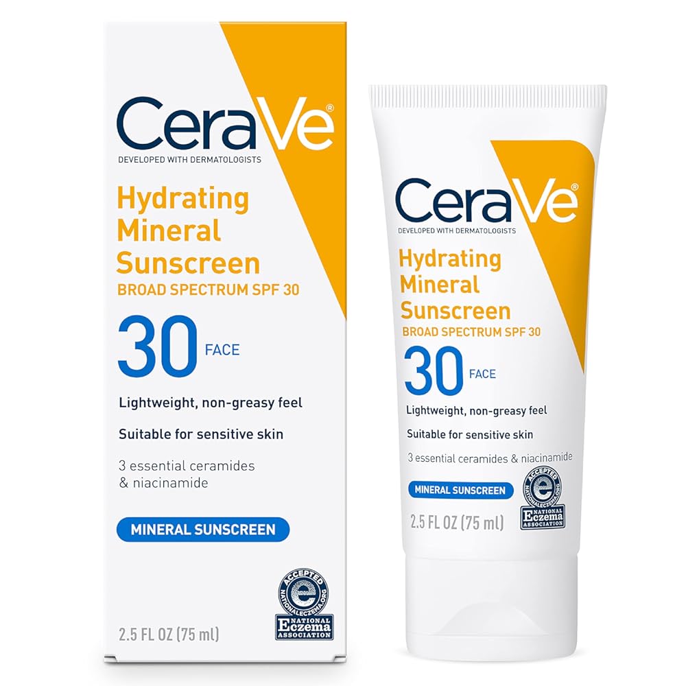 CeraVe 100% Mineral Sunscreen SPF 30 | Face Sunscreen with Zinc Oxide & Titanium Dioxide for Sensitive Skin | With Hyaluronic Acid, Niacinamide, and Ceramides | 2.5 oz