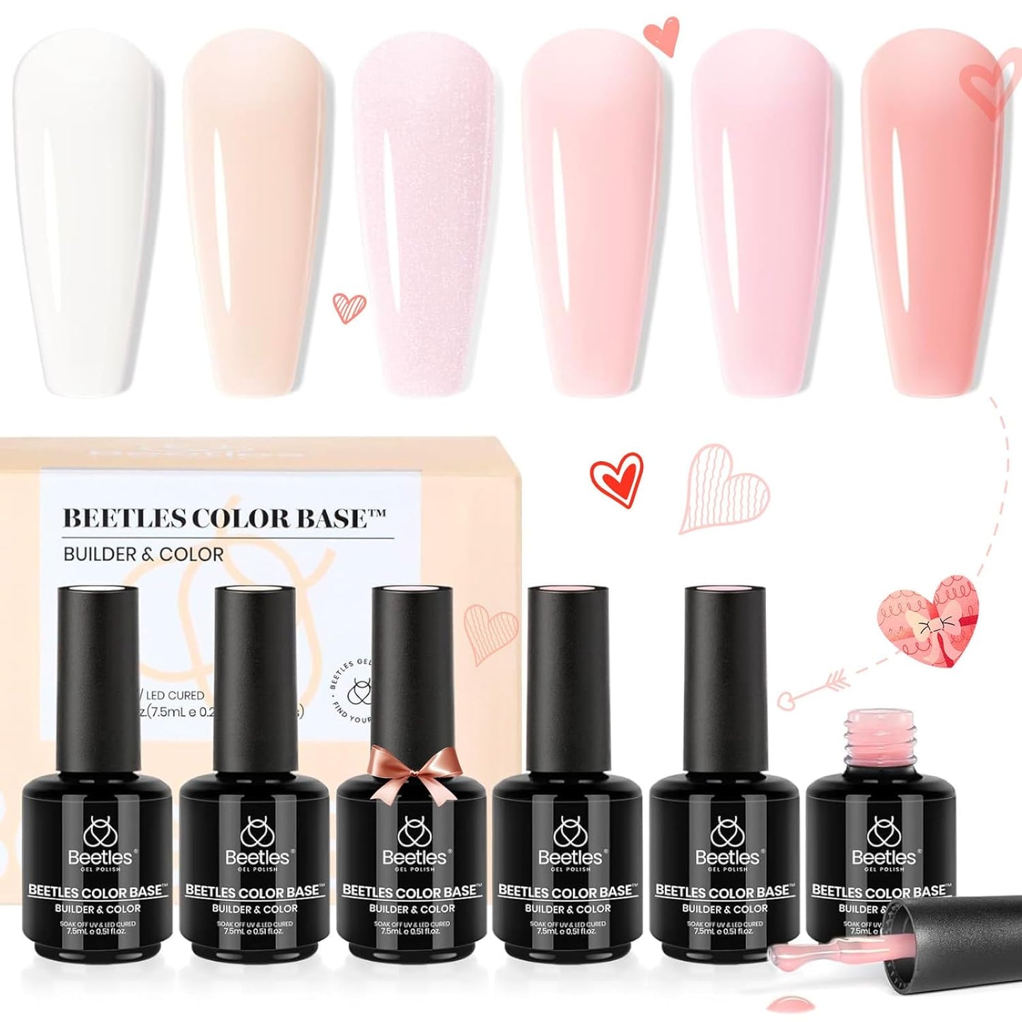 Beetles Color Base Gel Nail Polish 6 Colors Nude Rubber Base Gel Polish Porcelain Doll Pink Nail Polish Nude Gel Polish Neutral Sheer Colors Strengthener Soak Off U V Nail Art DIY Home Pink