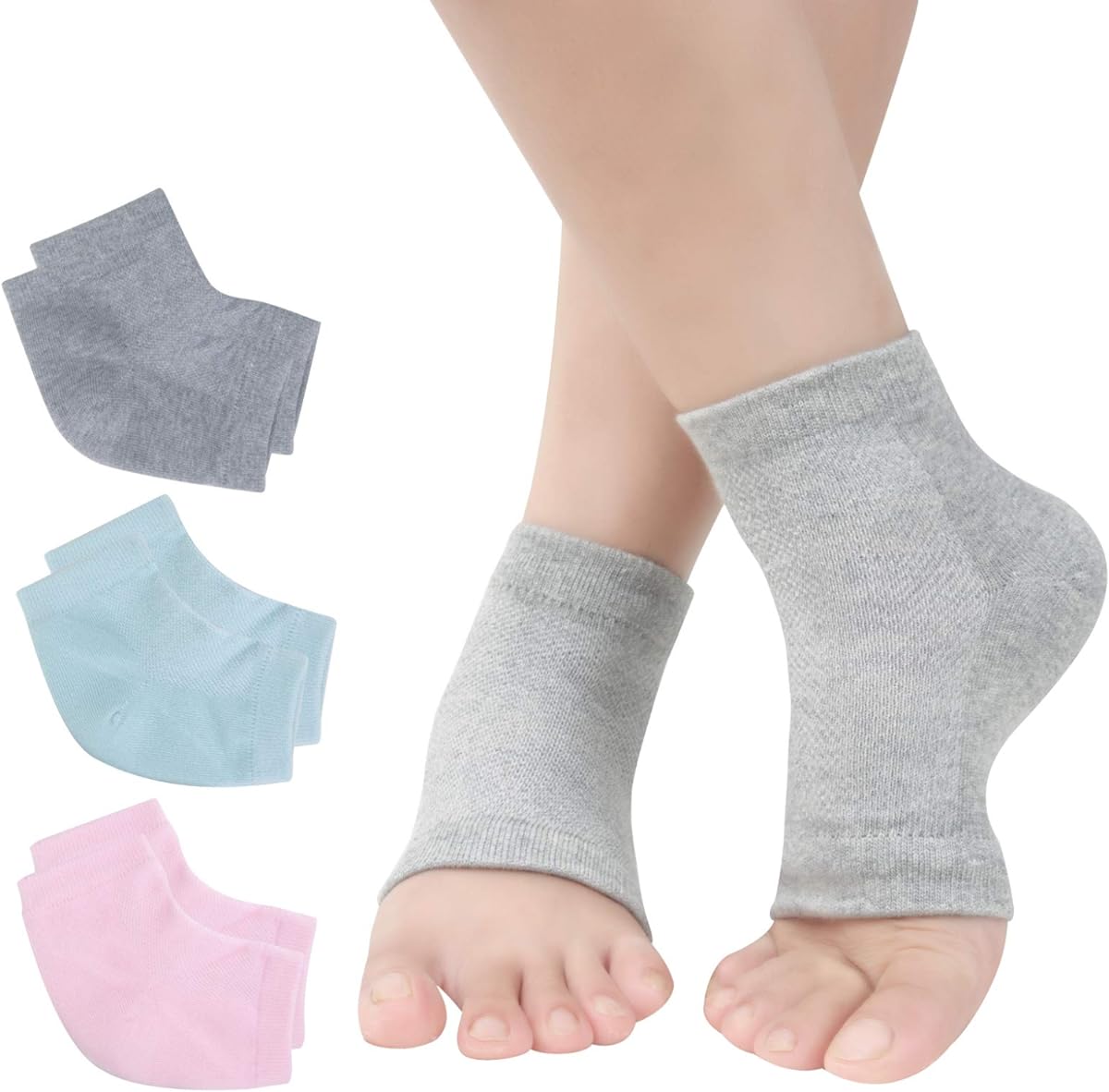 Vented Moisturizing Gel Heel Socks, 3 Pairs Toeless Spa Sock for Foot Care Treatment, Cracked Heels, Dry Feet, Foot Calluses (Gray, Green, Pink)