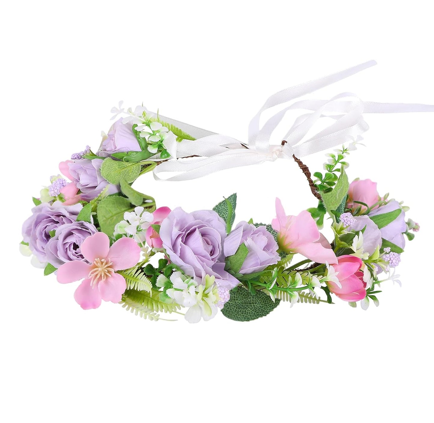 Vivivalue Women Flower Crown Bride Flower Headband Hair Wreath Floral Headpiece Halo Boho with Ribbon Wedding Party Festival Photos