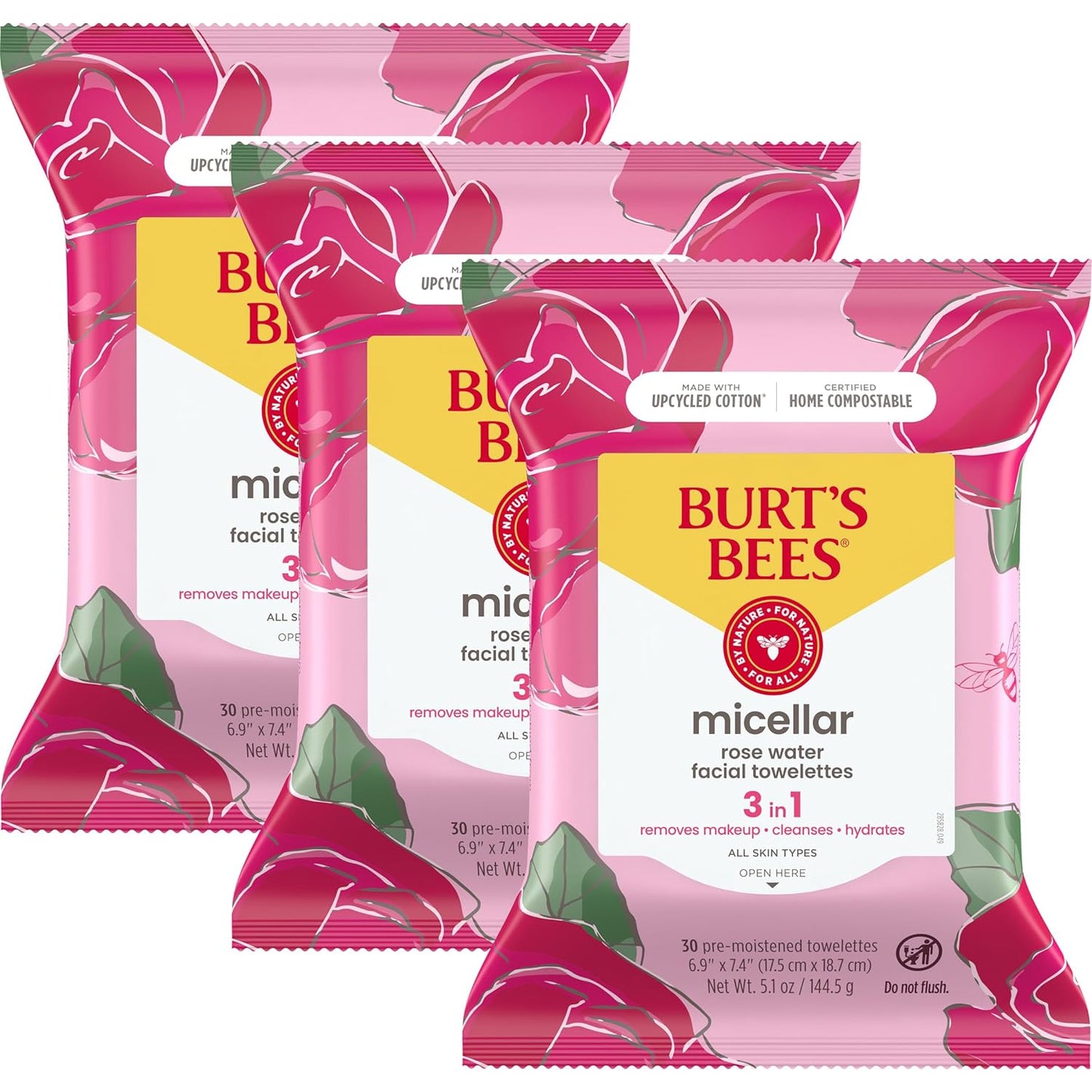 Burt's Bees Stocking Stuffers, Micellar Facial Towelettes Christmas Gifts With Rose Water, Gentle Face Cleanser Pre-Moistened Towelettes, Makeup Remover Wipes, 30 ct. Package (3-Pack)