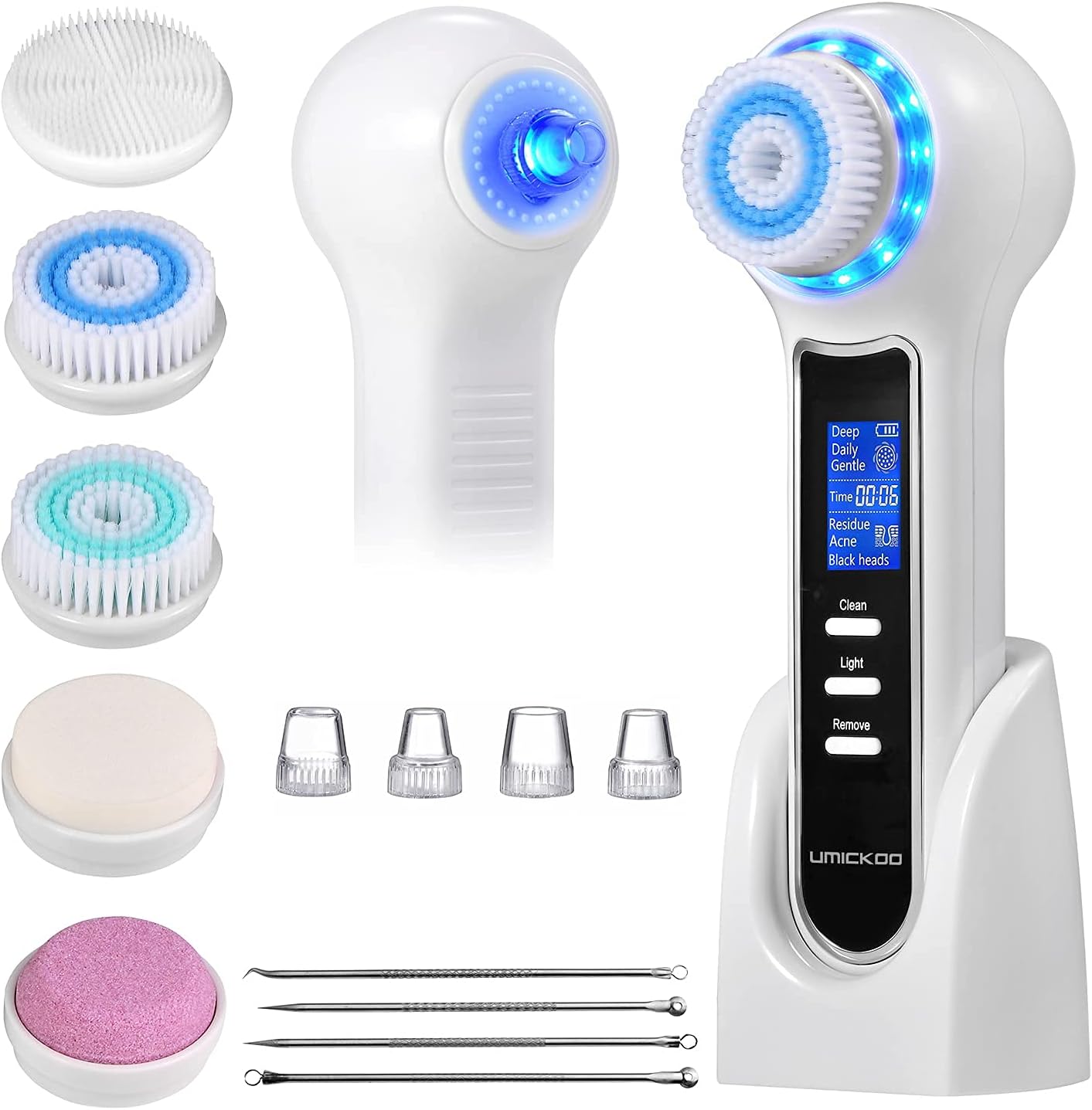 UMICKOO Face Scrubber Exfoliator,Facial Cleansing Brush Waterproof with LCD Screen,Blackhead Remover Vacuum with 5 Brush Heads,Face Spin Brush for Exfoliating, Massaging and and Deep Pore Cleansing