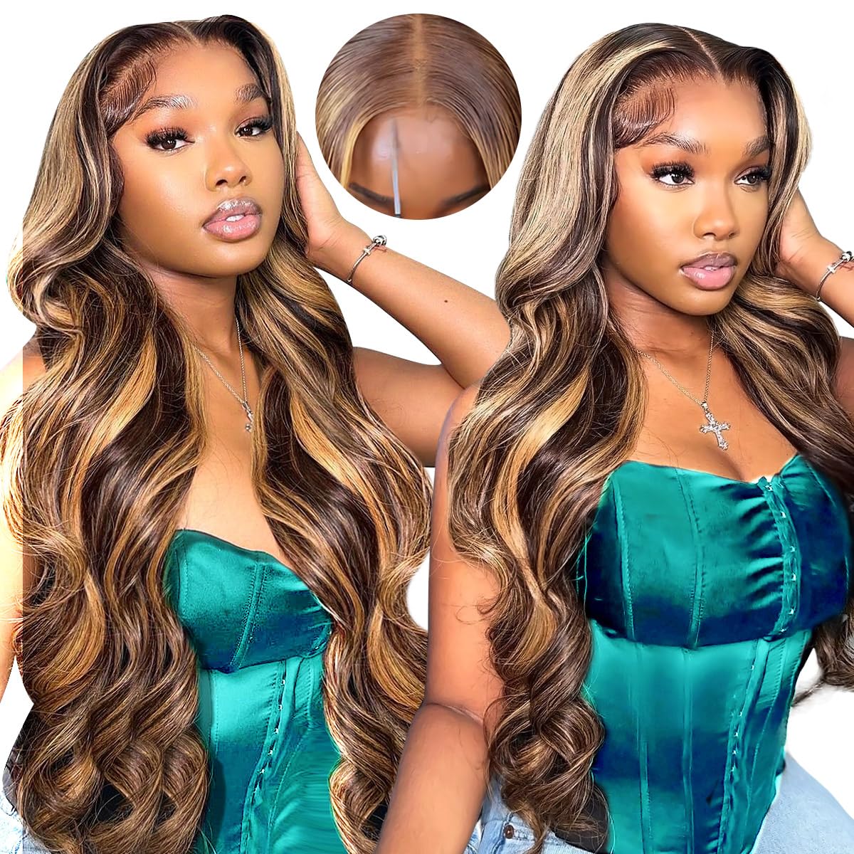 Wear and Go Glueless 24 Inch 5x5 HD Lace Closure 180% Density Body Wave Lace Front 4/27 Ombre Highlight Honey Blonde Wig