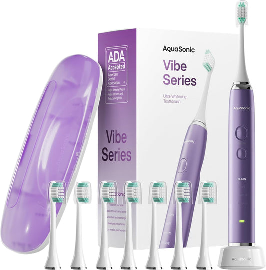 Aquasonic Vibe Series Ultra-Whitening Toothbrush Ð ADA Accepted Power Toothbrush - 8 Brush Heads & Travel Case Ð 40,000 VPM Motor & Wireless Charging - 4 Modes w Smart Timer Ð Satin Violet