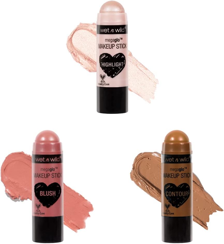 Wet n Wild MegaGlo Conceal & Contour Highlighter Stick & Wet n Wild MegaGlo Makeup Stick Conceal and Contour Blush Pink Floral Majority & Wet n Wild MegaGlo Makeup Stick Conceal and Contour Brown