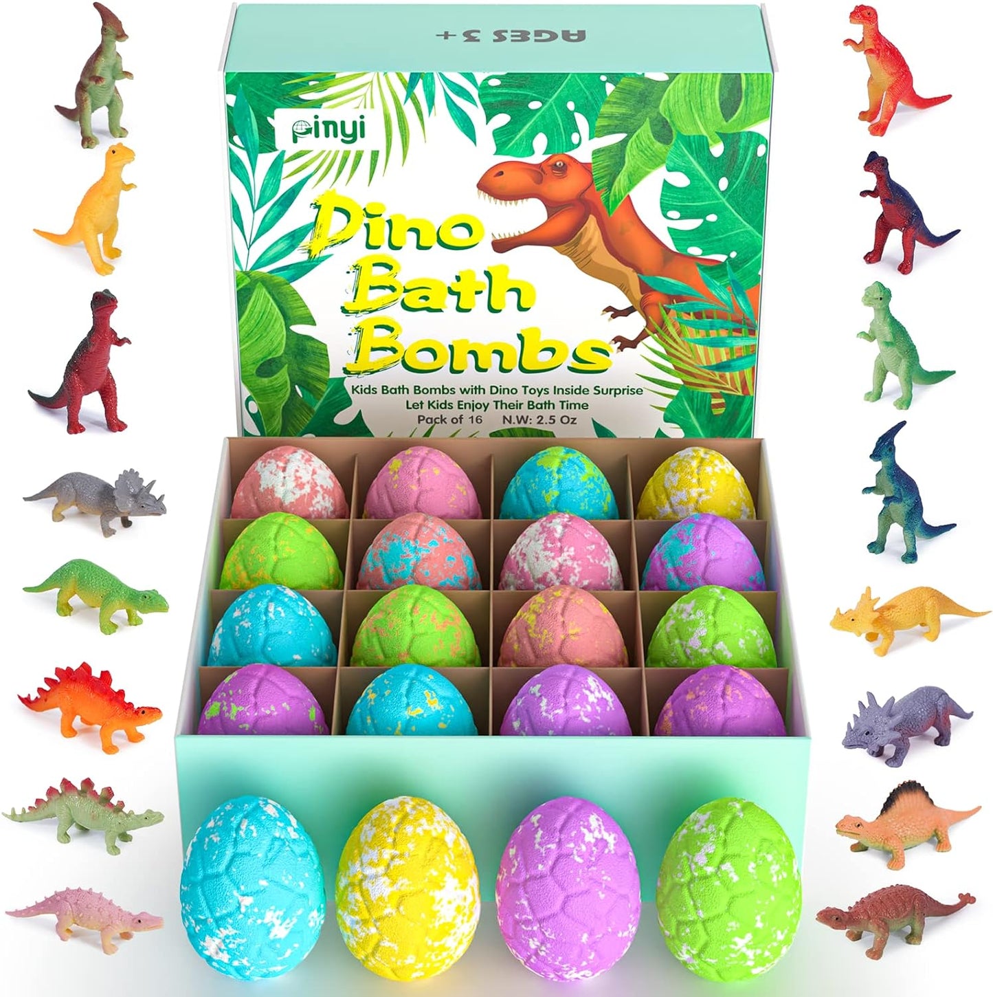 16 Pack Dinosaur Bath Bombs for Kids with Surprise Inside, Dino Bath Bombs with Toys Inside for Boys Girls Toddlers, Organic Kids Bath Bombs Bubble Bath Dinosaur Bath Toys Valentine Easter Gift Set