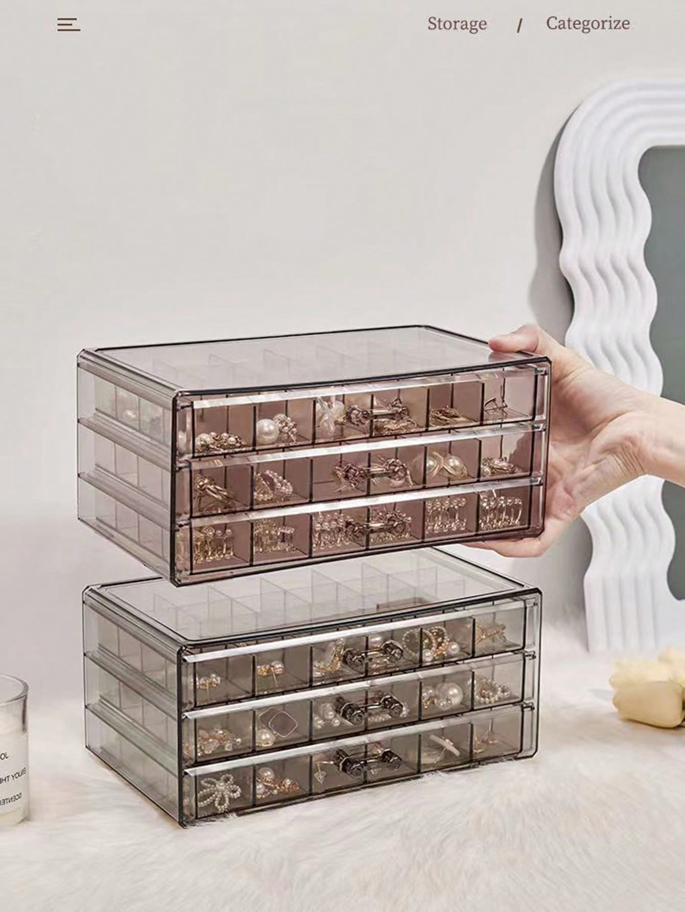 1pc Transparent Acrylic Dustproof Jewelry Storage Box With 3 Drawers And 72 Compartments For Rings, Necklaces, Earrings And Body Piercing Jewelry - Perfect Desktop Object Organizer - Pink, Transparent, Gray Available