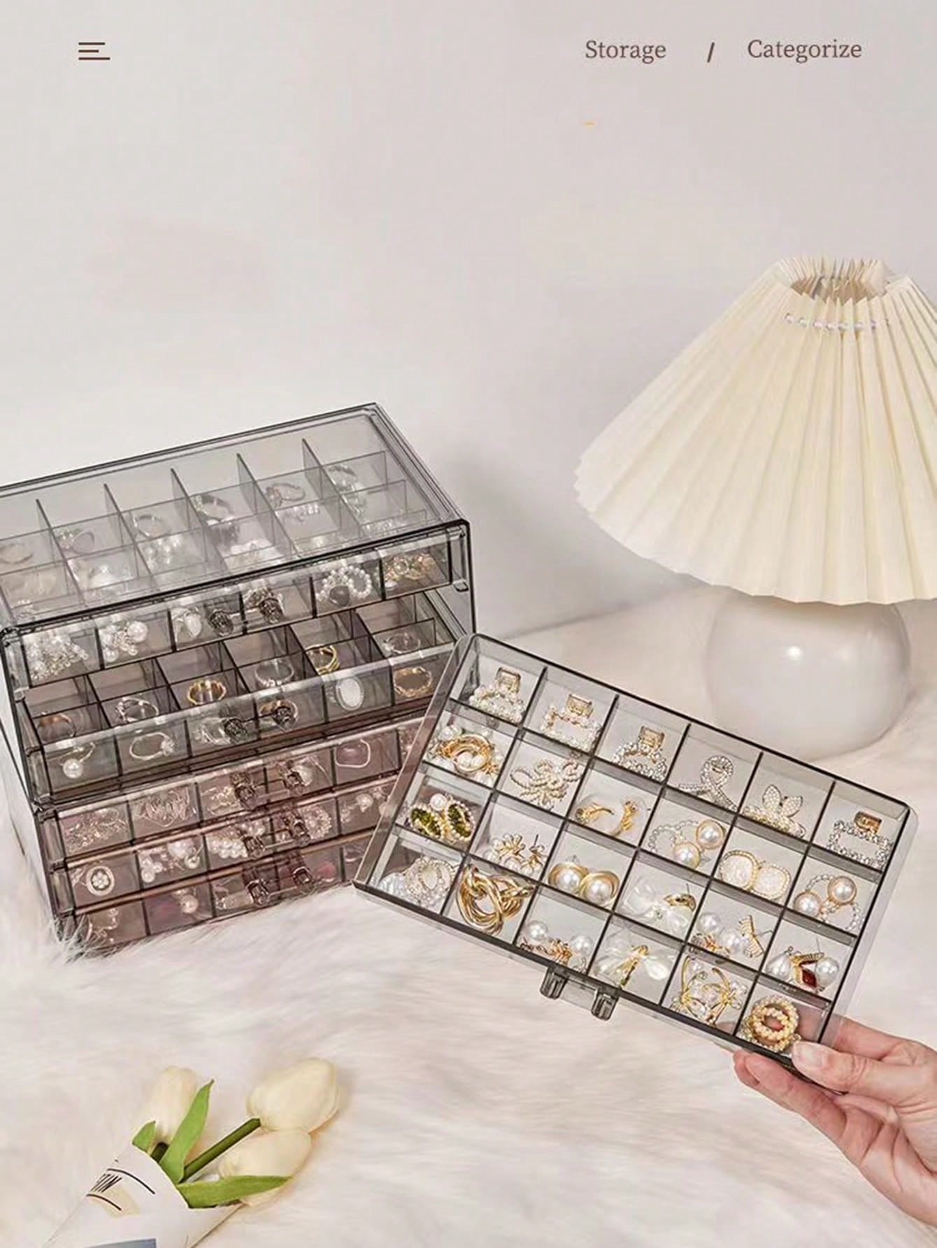 1pc Transparent Acrylic Dustproof Jewelry Storage Box With 3 Drawers And 72 Compartments For Rings, Necklaces, Earrings And Body Piercing Jewelry - Perfect Desktop Object Organizer - Pink, Transparent, Gray Available
