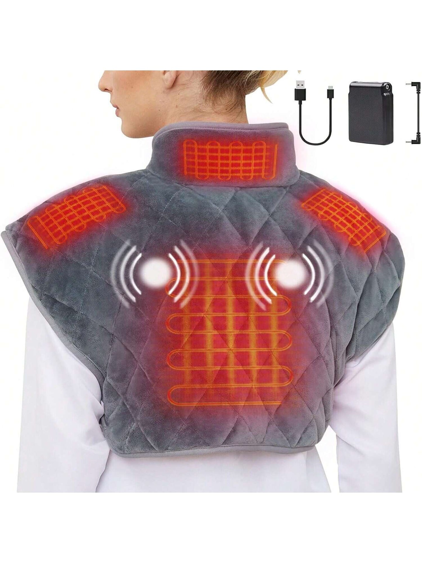 Weighted Heating Pad for Neck and Shoulders, Large Wrap Heating Pad for Back Pain Relief with Massager, 3 Heat Levels and 3 Massage Modes, Battery Powered Heating Pad for Cramps