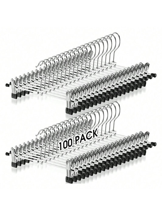 100 Packs Pant Hangers with Clips Adjustable Metal Pants Bulk Hanger Skirt Hangers for Women Kids Space Saving Heavy Duty Ultra Thin Short Hangers for Clothes Jeans Closet Organizer, Silver and Black