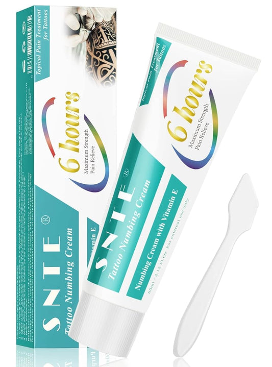 SNTE Tattoo Numbing Cream, (2.12Oz) 6-8 Hours Maximum Strength Painless Cream, for Tattoos with Aloe Vera, Vitamin E, Lecithin