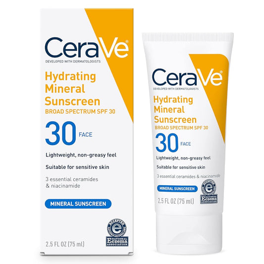 CeraVe 100% Mineral Sunscreen SPF 30 | Face Sunscreen with Zinc Oxide & Titanium Dioxide for Sensitive Skin | With Hyaluronic Acid, Niacinamide, and Ceramides | 2.5 oz