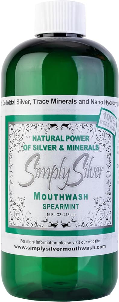 Simply Silver Mouthwash Spearmint Flavor- Nano Hydroxyapatite Formula, All Natural Colloidal Silver Mouthwash Chemical, Alcohol, Fluoride, and BPA Free, 16 oz