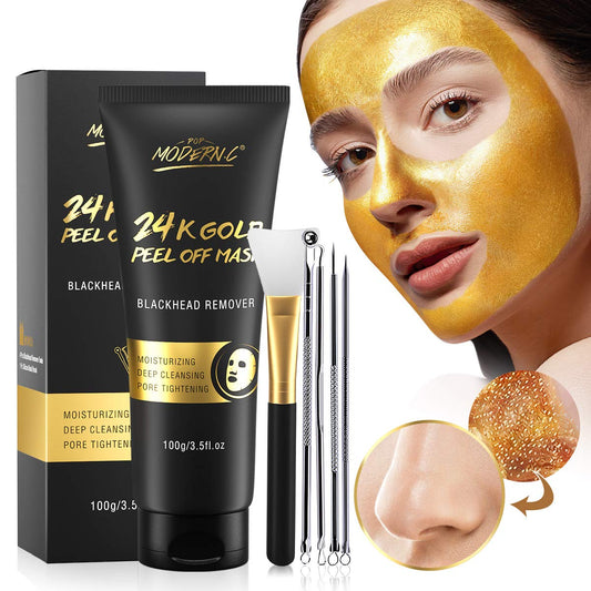 Blackhead Remover Mask, 24K Gold Peel Off Mask, Gold Facial Mask Anti-Aging, Deep Cleansing, Reduces Fine Lines_ Wrinkles Great for All Skin, With Blackhead Remover Extractor Tools Kit & Mask Brush