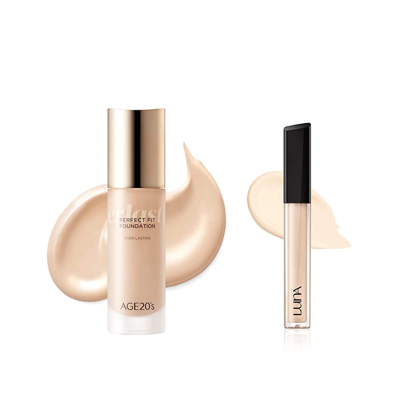 AGE 20's Perfect Fit Liquid Foundation Makeup, 48-Hours-Lasting, Lightweight, 01 Porcelain, 1.01 fl oz + AEKYUNG Luna Long-Lasting Tip Concealer, Full Coverage & High Adherence, Cover-Fit #0.7 Ivory