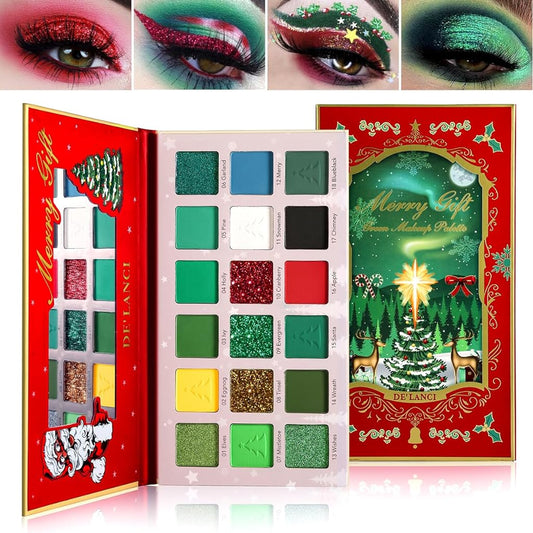 Afflano Christmas Makeup Eyeshadow Palette, Multichrome Red Green Eyeshadow Palette High Pigmented, Green Red Glitter Eye Shadow White Black Dark Green Blue 18 Colors for Candy Grinch Makeup