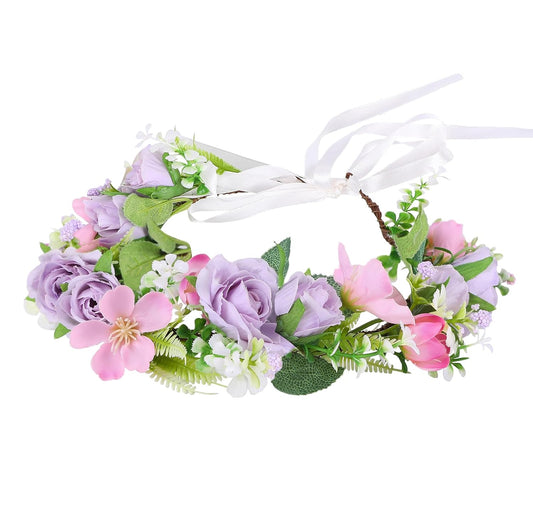 Vivivalue Women Flower Crown Bride Flower Headband Hair Wreath Floral Headpiece Halo Boho with Ribbon Wedding Party Festival Photos