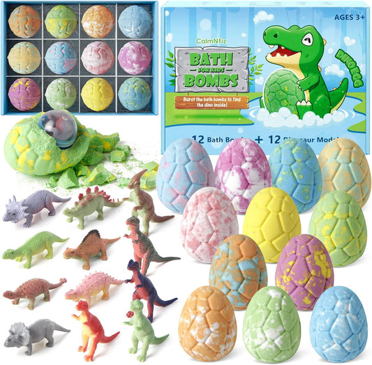 CalmNFiz Bath Bombs with Surprise Dinosaur Toys Inside_12 Pack Organic and Natural Bubble Bath Bombs_Bath Bomb Set Gift for Birthday/Christmas Gift for Her/Him
