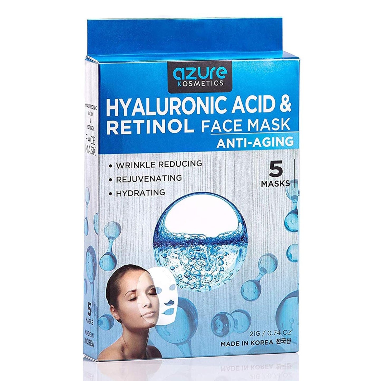 AZURE Hyaluronic Acid & Retinol Anti Aging Facial Mask - Rejuvenating & Hydrating Face Mask - Helps Reduce Fine Lines & Wrinkles, Smooths & Repairs - Skin Care Made in Korea - 5 Pack