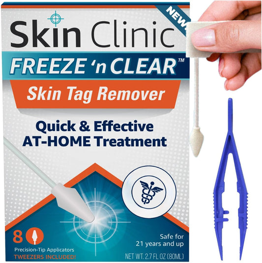 Skin Clinic FREEZE 'n CLEAR Skintag Remover - Cryogenic Kit (8 - Applicators + Tweezers), Freezing Tag Treatment Solution for Adults