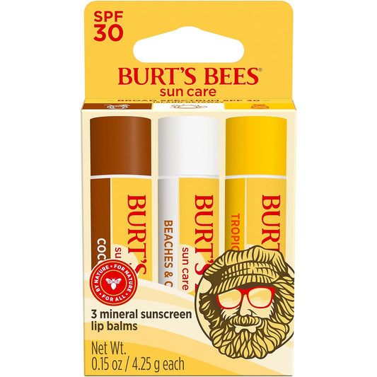 BurtÕs Bees Lip Balm Valentines Day Gifts, Island Getaway Sun Care SPF 30, Water-Resistant, Coco Loco, Beaches and Cream & Tropic Like It's Hot, Nano-Free Conditioning Lip Treatment, 3 Tubes, 0.15 oz.