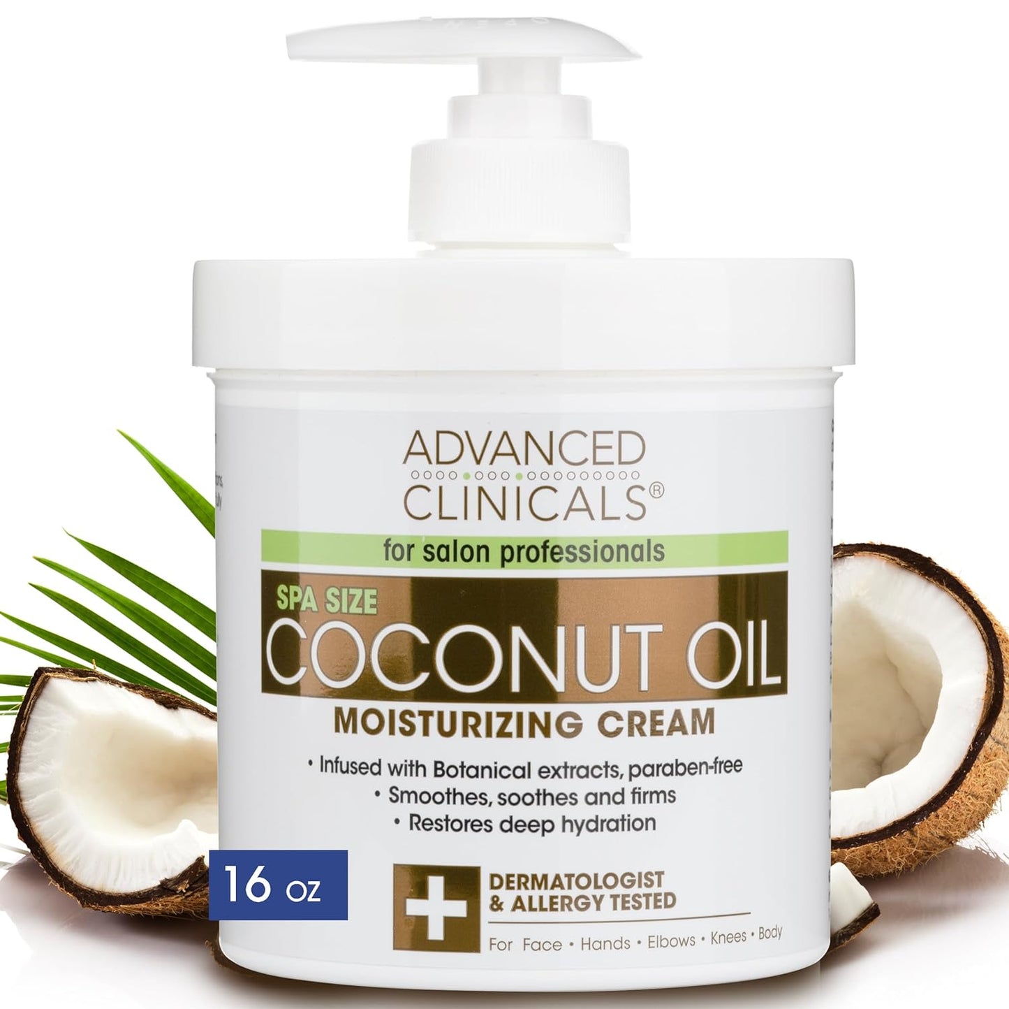 Advanced Clinicals Coconut Oil Cream. Spa size 16oz Moisturizing Cream. Coconut Oil for Face, Hands, Hair.